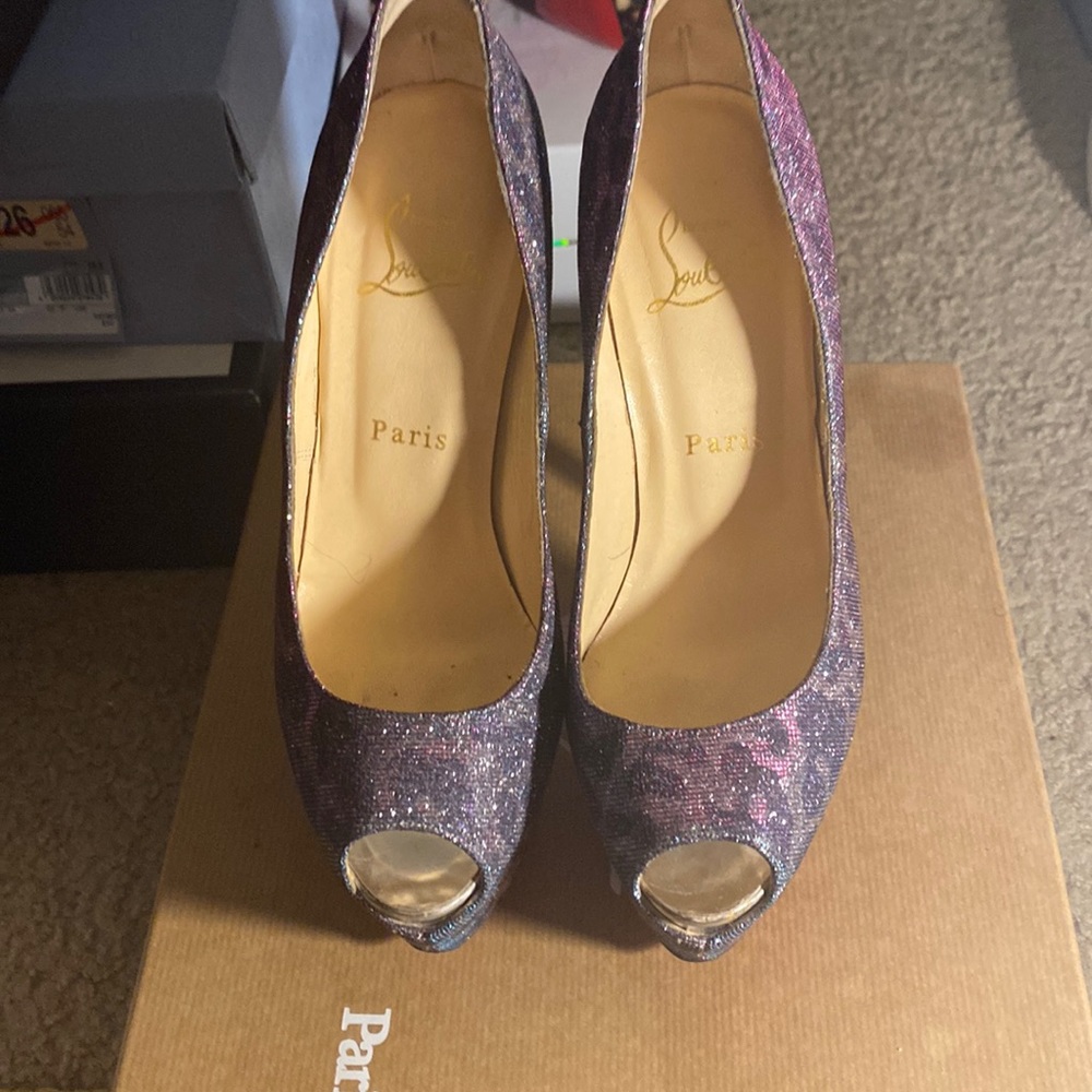 Christian Louboutin Highness 160 Blue Lame Leopard peep toe platform Size 37